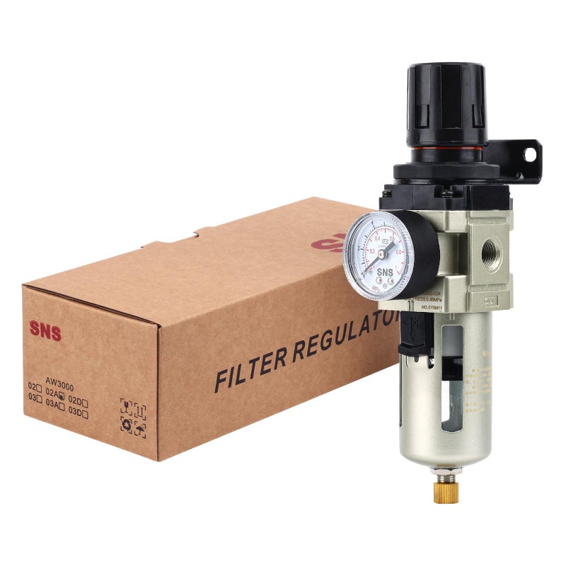 SNS 1/4''NPT Compressed Air Compressor Pressure Filter Regulator Piggyback Combo - Poly Bowl with Metal Guard, Semi-auto Drain, Bracket, with Gauge AW3000-N02A - Image 5